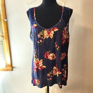 Ambience Women’s 1XL Blue Floral Tank Sheer Shoulders And Upper Back #586